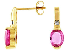 1.95CT DIAMOND & AAA PINK SAPPHIRE 14K YELLOW GOLD OVAL & ROUND HANGING EARRINGS