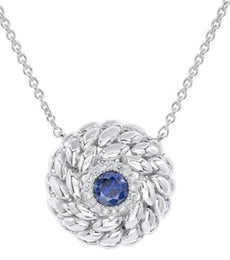 .39CT DIAMOND & AAA SAPPHIRE 14KT WHITE GOLD 3D LEAF CIRCULAR FLOWER NECKLACE