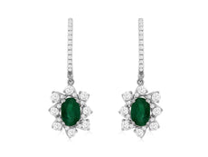 1.50CT DIAMOND & AAA EMERALD 14K WHITE GOLD OVAL & ROUND FLOWER HANGING EARRINGS