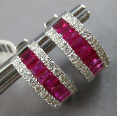 WIDE 2.68CT DIAMOND & AAA RUBY 18K WHITE GOLD 3 ROW HUGGIE HOOP HANGING EARRINGS