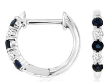 ESTATE .25CT DIAMOND & AAA SAPPHIRE 14KT WHITE GOLD HUGGIE HOOP HANGING EARRINGS