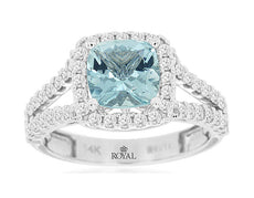 2.09CT DIAMOND & AAA AQUAMARINE 14KT WHITE GOLD CUSHION & ROUND ENGAGEMENT RING