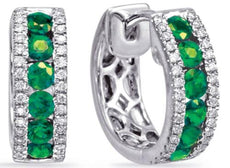 ESTATE .88CT DIAMOND & AAA EMERALD 14KT WHITE GOLD 3 ROW CLASSIC HUGGIE EARRINGS