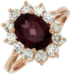 3.25CT DIAMOND & AAA RHODOLITE 14K ROSE GOLD 3D OVAL & ROUND PRINCESS DIANA RING