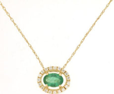 .56CT DIAMOND & AAA EMERALD 14KT YELLOW GOLD OVAL & ROUND SIDEWAY HALO NECKLACE