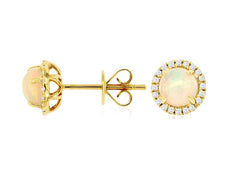 ESTATE 1.16CT DIAMOND & AAA OPAL 14K YELLOW GOLD ROUND HALO FLOWER STUD EARRINGS