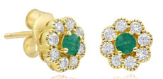 ESTATE .62CT DIAMOND & AAA EMERALD 14K YELLOW GOLD FLOWER FILIGREE STUD EARRINGS