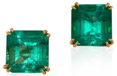 LARGE 9.58CT AAA COLOMBIAN EMERALD 18KT YELLOW GOLD 3D EMERALD CUT STUD EARRINGS