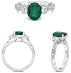 2.21CT DIAMOND & AAA EMERALD PLATINUM 3D ROUND & OVAL 3 STONE ENGAGEMENT RING