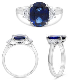 4.26CT DIAMOND & AAA SAPPHIRE PLATINUM OVAL & HALF MOON CLASSIC ENGAGEMENT RING