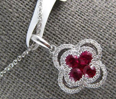 .84CT DIAMOND & AAA RUBY 18KT WHITE GOLD 3D 4 LEAF CLOVER CLASSIC LOVE PENDANT