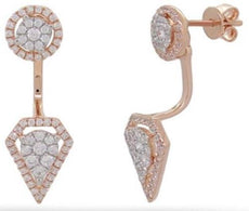 .73CT DIAMOND 14KT ROSE GOLD 3D FLORAL TRIANGULAR TEAR DROP FUN HANGING EARRINGS