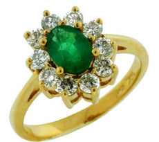 1.55CT DIAMOND & AAA EMERALD 14KT YELLOW GOLD 3D OVAL & ROUND FLOWER LOVE RING
