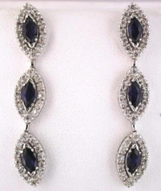 2.75CT DIAMOND & AAA SAPPHIRE 14KT WHITE GOLD 3 STONE HALO LEAF HANGING EARRINGS