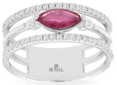 .88CT DIAMOND & AAA RUBY 14KT WHITE GOLD 3D MARQUISE & ROUND 3 STONE 3 ROW RING