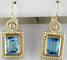 2.43CT DIAMOND & AAA BLUE TOPAZ 14KT YELLOW GOLD 3D EMERALD CUT & ROUND EARRINGS