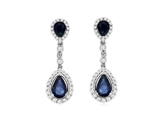 1.75CT DIAMOND & AAA SAPPHIRE 14K WHITE GOLD PEAR SHAPE & ROUND HANGING EARRINGS