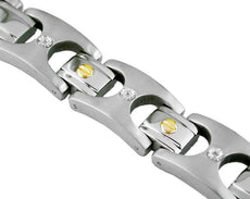 ESTATE .02CT DIAMOND STAINLESS STEEL & 14KT YELLOW GOLD ETOILE MENS FUN BRACELET