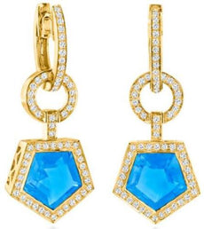 4.91CT DIAMOND & AAA BLUE TOPAZ 14KT YELLOW GOLD PENTAGON HALO CIRCULAR EARRINGS