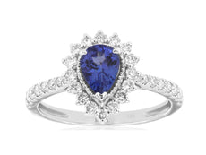 1.25CT DIAMOND & AAA TANZANITE 14KT WHITE GOLD PEAR SHAPE & ROUND HALO LOVE RING
