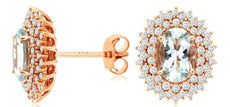 1.85CT DIAMOND & AAA AQUAMARINE 14KT ROSE GOLD OVAL & ROUND FLOWER STUD EARRINGS