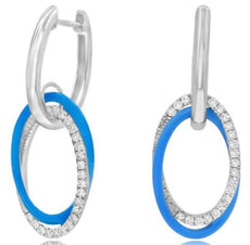 .24CT DIAMOND & BLUE ENAMEL 14KT WHITE GOLD OVAL LOVE KNOT HUGGIE EARRINGS