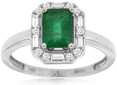 1.19CT DIAMOND & AAA EMERALD 14KT WHITE GOLD SQUARE & ROUND HALO ENGAGEMENT RING