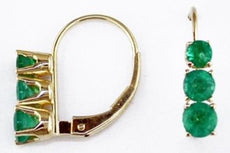 1.0CT AAA EMERALD 14KT YELLOW GOLD 3 STONE PAST PRESENT FUTURE HANGING EARRINGS