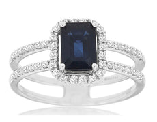 1.4CT DIAMOND & AAA SAPPHIRE 14KT WHITE GOLD 3D BAGUETTE & ROUND ENGAGEMENT RING