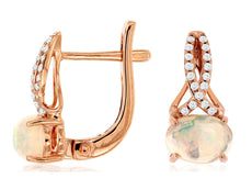 1.1CT DIAMOND & AAA OPAL 14K ROSE GOLD OVAL & ROUND CRISS CROSS HANGING EARRINGS