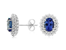 2.18CT DIAMOND & AAA TANZANITE 14KT WHITE GOLD CLASSIC OVAL FLOWER STUD EARRINGS