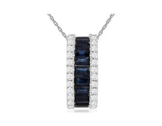 1.13CT DIAMOND & AAA SAPPHIRE 14KT WHITE GOLD 3D EMERALD CUT & ROUND BAR PENDANT