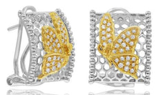WIDE .20CT DIAMOND 14KT 2 TONE GOLD 3D BUTTERFLY MULTI HEXAGON CLIP ON EARRINGS