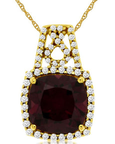 2.98CT DIAMOND & AAA GARNET 14KT YELLOW GOLD CUSHION & ROUND HALO SQUARE PENDANT