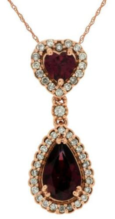 1.43CT DIAMOND & AAA RHODOLITE 14KT ROSE GOLD ROUND HEART & PEAR SHAPE PENDANT