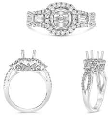 .63CT DIAMOND 14K WHITE GOLD ROUND & BAGUETTE 4 PRONG SEMI MOUNT ENGAGEMENT RING