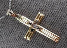 ANTIQUE .02CT OLD MINE DIAMOND 14KT 2 TONE GOLD 3D CROSS FLOATING PENDANT #27383