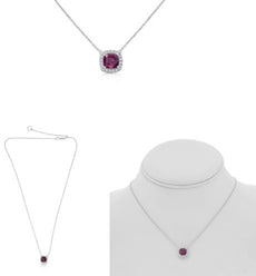 2.01CT DIAMOND & AAA RUBY 18K WHITE GOLD LOVE CUSHION & ROUND HALO LOVE NECKLACE