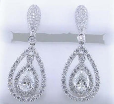 2.97CT DIAMOND 18KT WHITE GOLD 3D PEAR SHAPE & ROUND DOUBLE TEAR DROP EARRINGS
