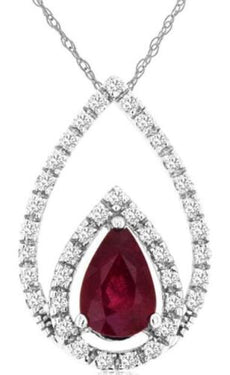 0.6CT DIAMOND & AAA RUBY 14KT WHITE GOLD 3D PEAR SHAPE & ROUND FLOATING PENDANT