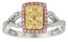 .88CT WHITE PINK & YELLOW DIAMOND 14KT TRI COLOR GOLD CLUSTER SQUARE HALO RING