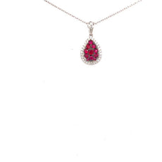 .41CT DIAMOND & AAA RUBY 18KT WHITE GOLD CLUSTER TEAR DROP HALO FLOATING PENDANT