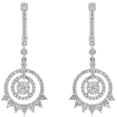 1.25CT DIAMOND 18KT WHITE GOLD MULTI CIRCULAR FLOWER TEAR DROP HANGING EARRINGS