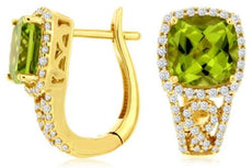 LARGE 3.45CT DIAMOND & AAA PERIDOT 14KT YELLOW GOLD 3D CUSHION & ROUND EARRINGS