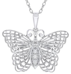 ESTATE .06CT DIAMOND 14KT WHITE GOLD 3D CLASSIC BUTTERFLY LOVE FLOATING PENDANT