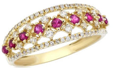 .59CT DIAMOND & AAA RUBY 14KT YELLOW GOLD 3D MULTI FLOWER OPEN FILIGREE FUN RING