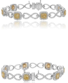 3.44CT WHITE & FANCY YELLOW DIAMOND 18KT 2 TONE GOLD 3D ROUND & CUSHION BRACELET