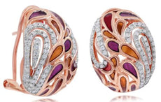 .47CT DIAMOND & MULTI COLOR ENAMEL 14KT ROSE GOLD 3D MULTI LEAF CLIP ON EARRINGS