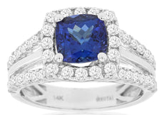 2.49CT DIAMOND & AAA TANZANITE 14KT WHITE GOLD CUSHION & ROUND ENGAGEMENT RING