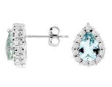 2.50CT DIAMOND & AAA AQUAMARINE 14KT WHITE GOLD PEAR SHAPE & ROUND STUD EARRINGS